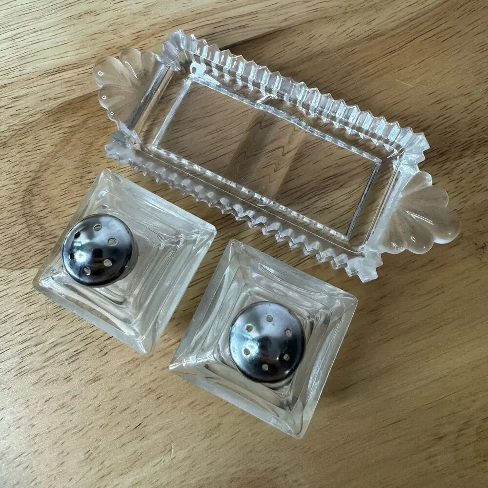 Vintage Irice Pyramid Mini Pepper Salt Set with Tray Glass Art Deco